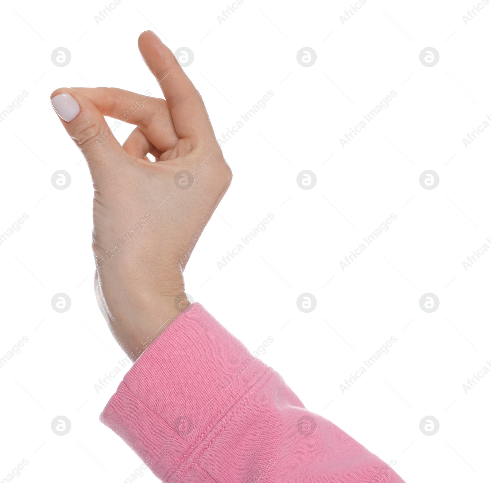 Photo of Woman snapping fingers on white background, closeup of hand