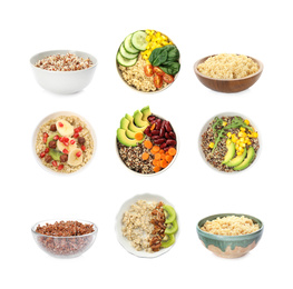 Image of Set of different healthy dishes with quinoa on white background