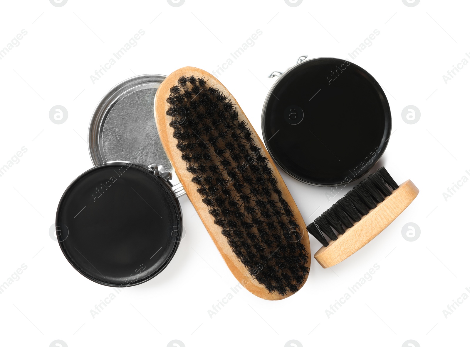 Photo of Shoe care accessories on white background, top view