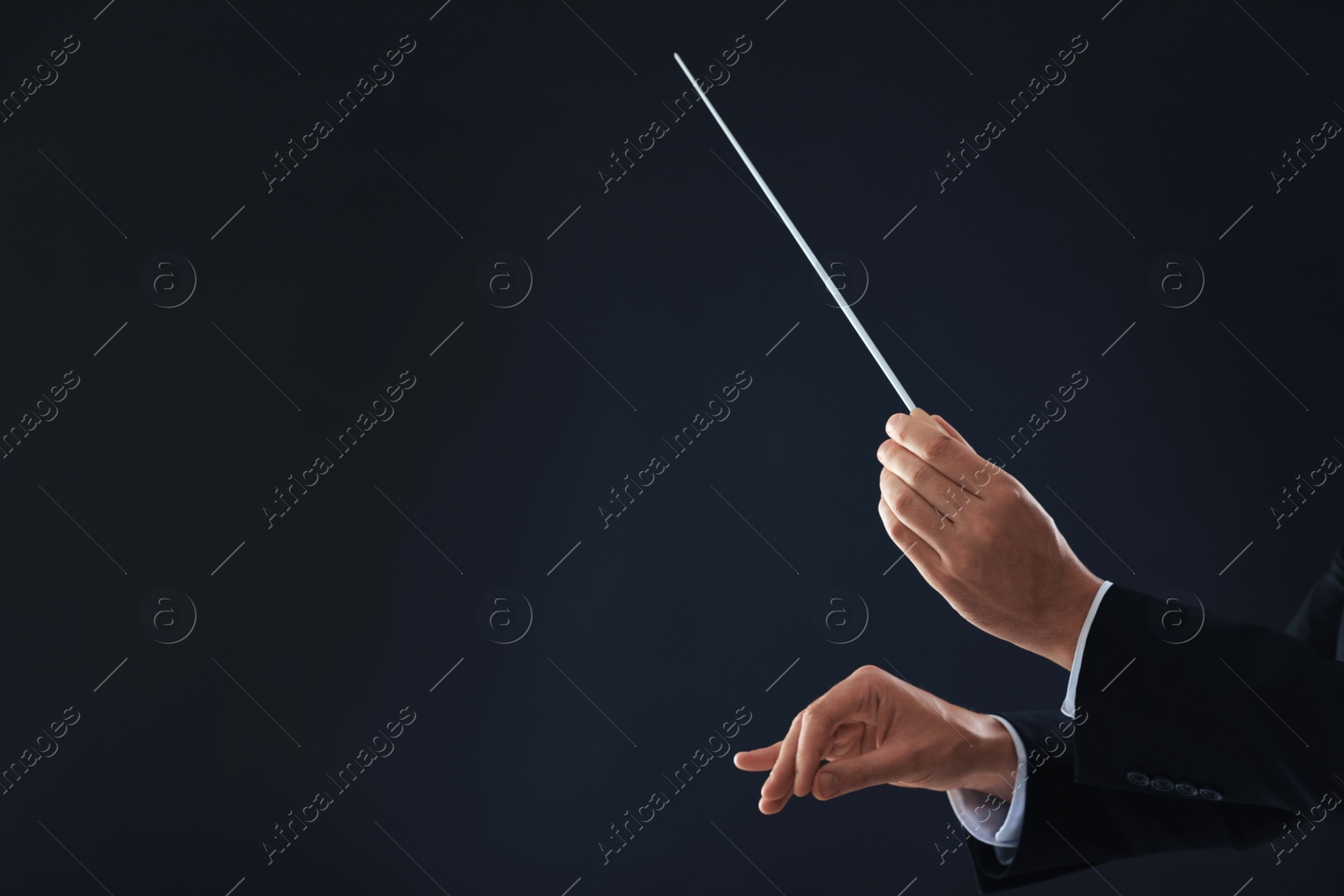 Photo of Professional conductor with baton on black background, closeup. Space for text