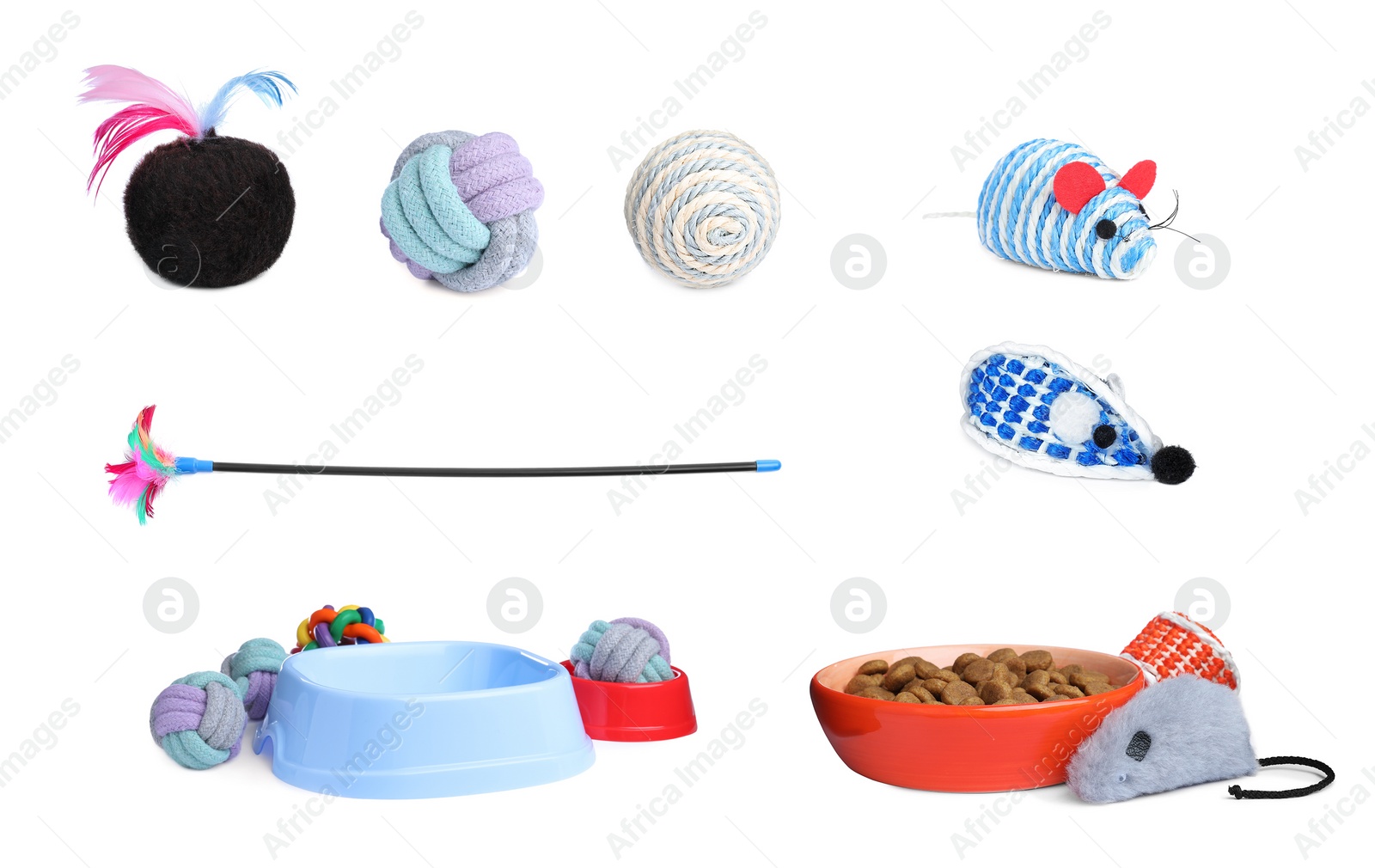 Image of Set with feeding bowls and toys for pet on white background. Banner design