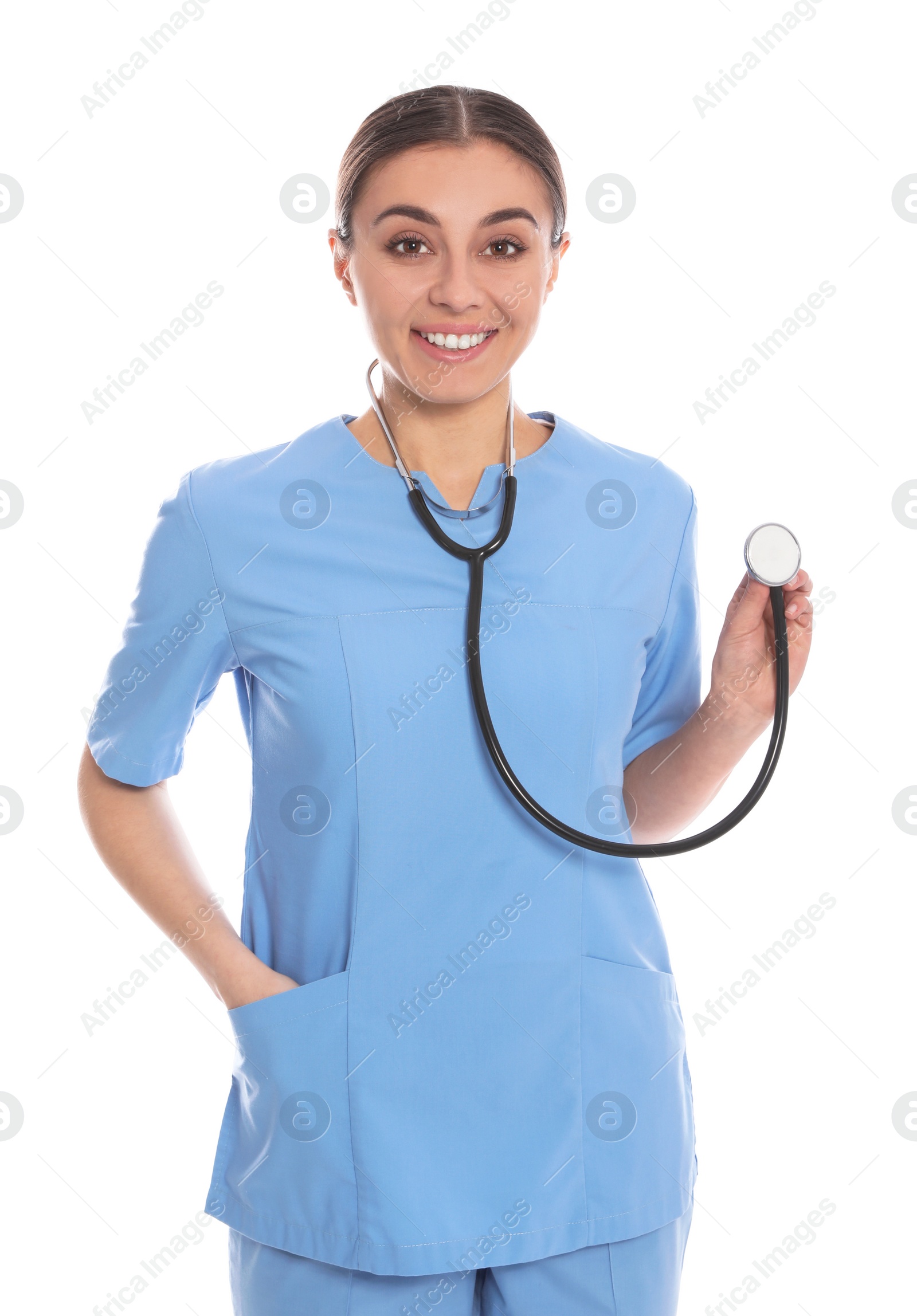 Photo of Portrait of medical doctor with stethoscope isolated on white