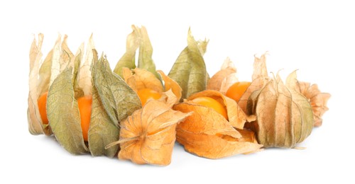 Photo of Ripe physalis fruits with dry husk on white background