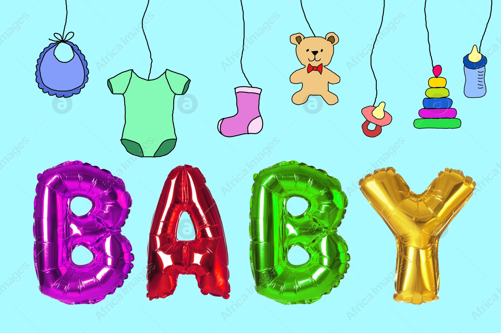 Image of Festive balloons for baby shower party and drawings on light background