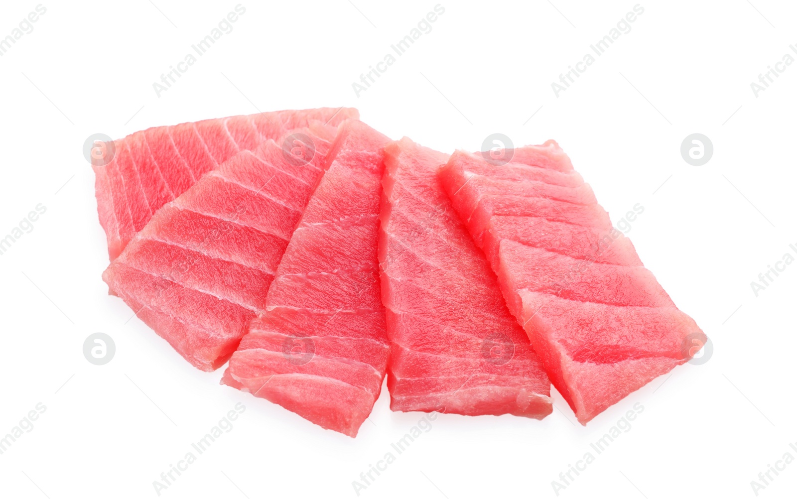 Photo of Tasty sashimi (pieces of fresh raw tuna) on white background