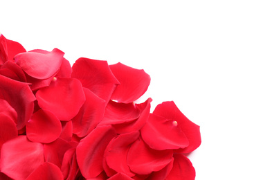 Photo of Pile of red rose petals on white background