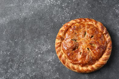 Photo of Tasty homemade pie on grey table, top view. Space for text