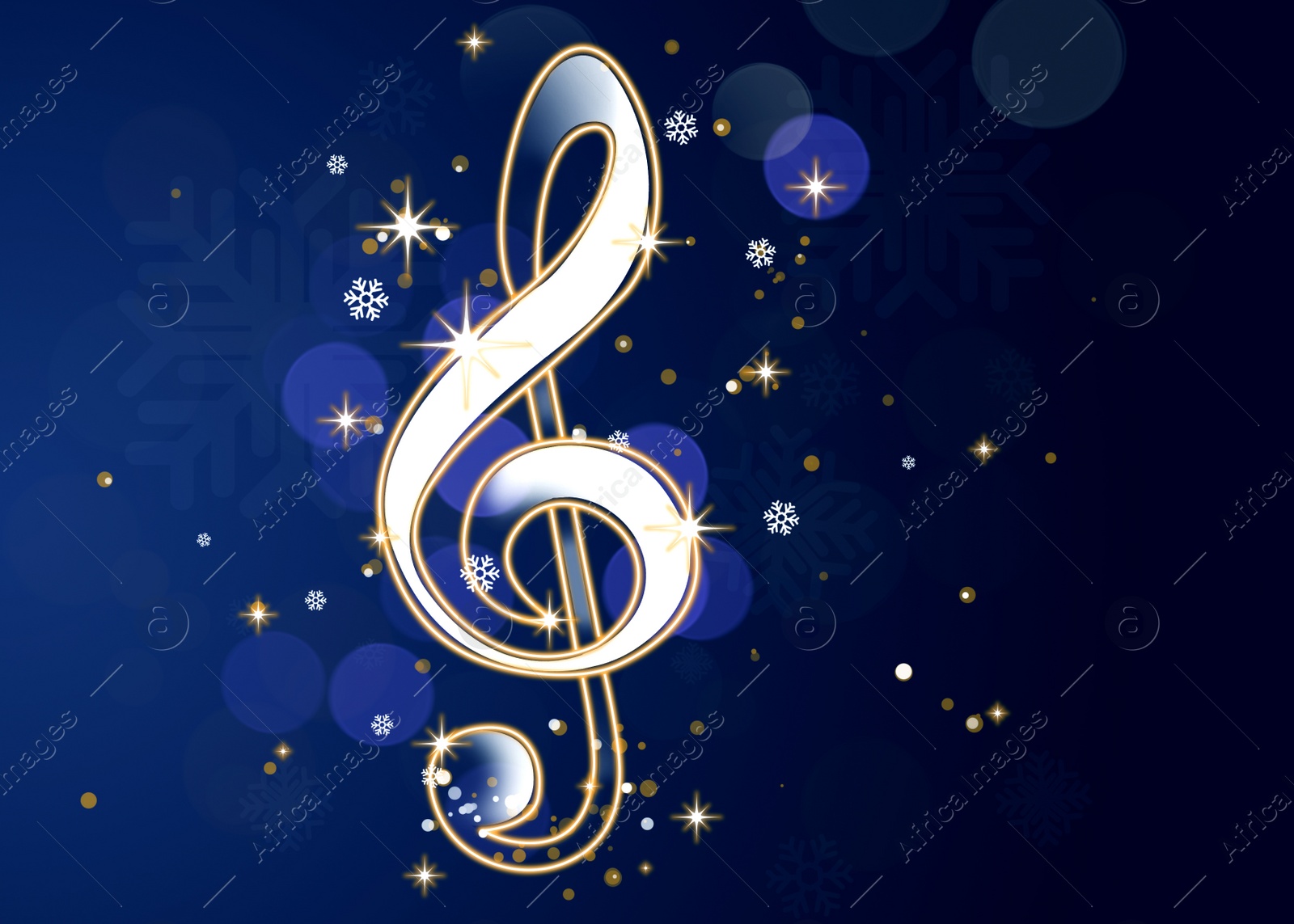 Illustration of Christmas music. Treble clef and snowflakes on blue background. Illustration design