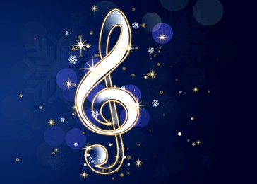 Christmas music. Treble clef and snowflakes on blue background. Illustration design