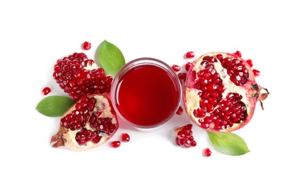 Photo of Composition with glass of pomegranate juice and fresh fruits on white background, top view