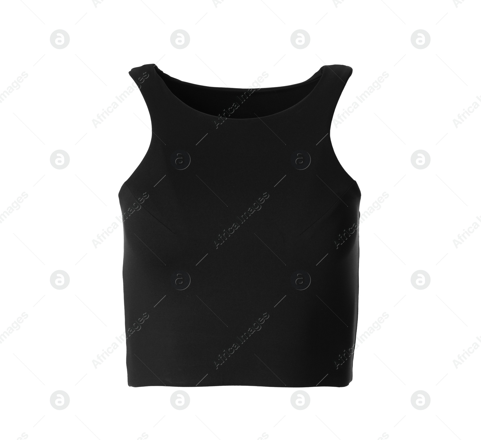 Photo of Black women's top isolated on white. Sports clothing