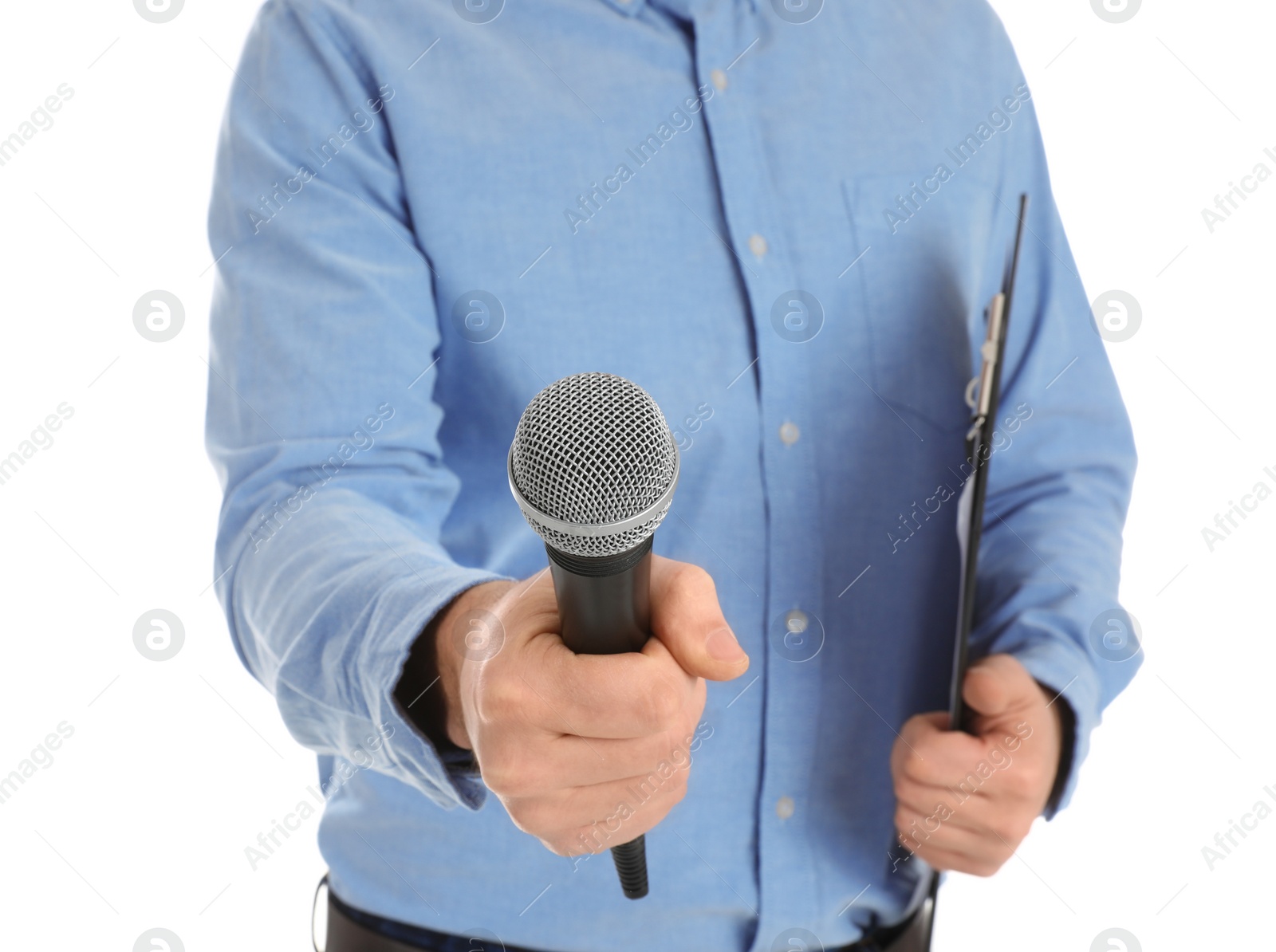 Photo of Man holding microphone and clipboard on white background, closeup with space for text