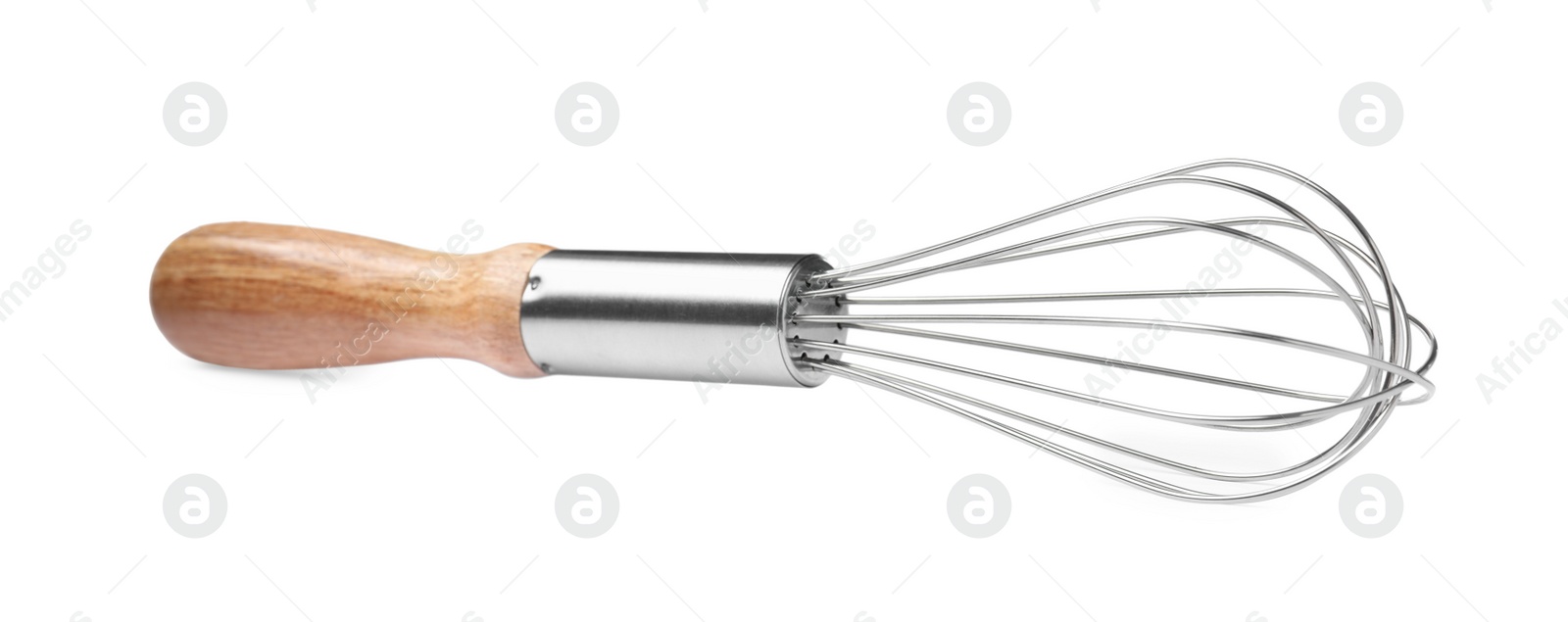 Photo of New balloon whisk with wooden handle isolated on white