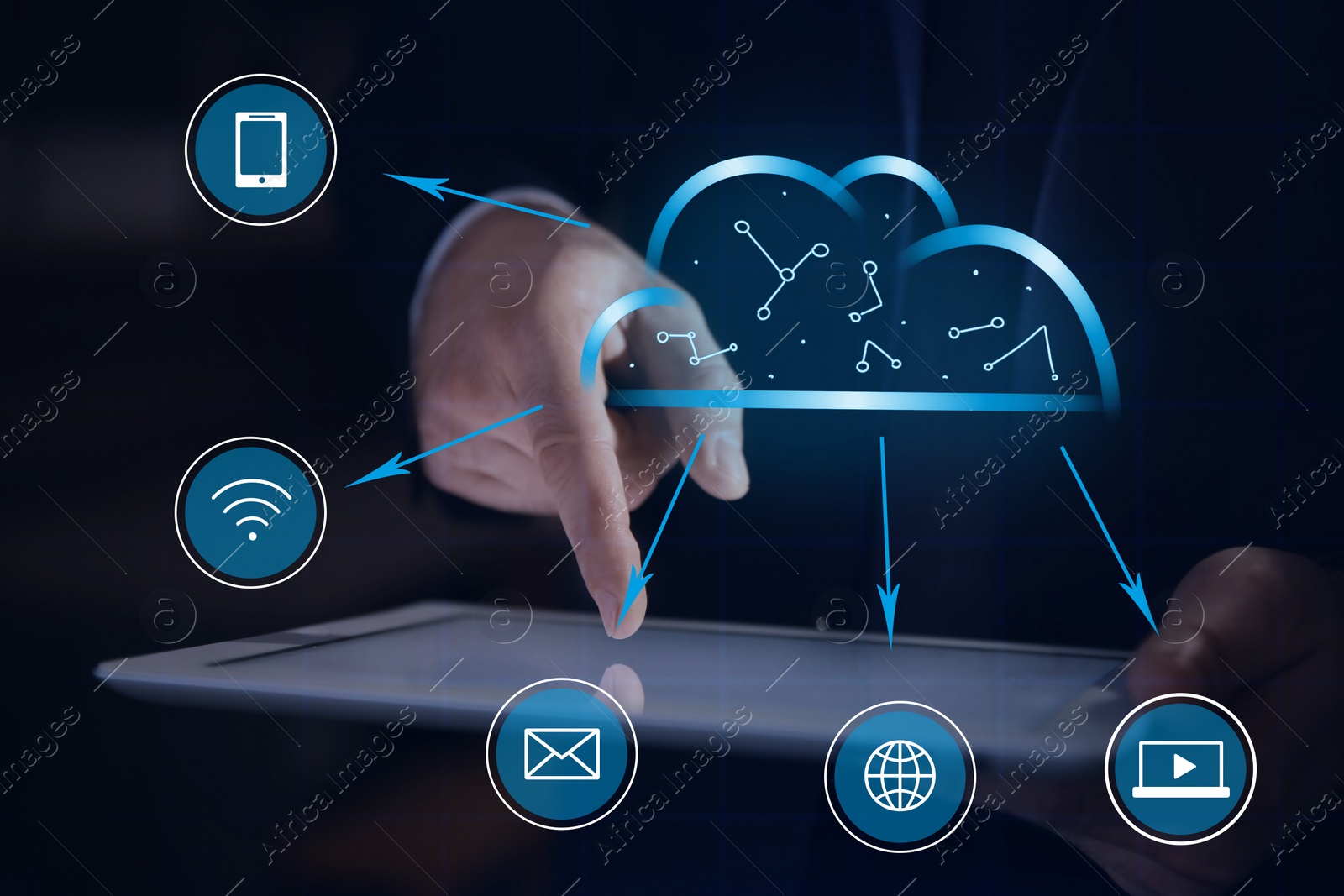 Image of Cloud technology. Businessman using tablet, closeup 