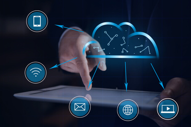 Image of Cloud technology. Businessman using tablet, closeup 