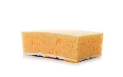 Photo of New sponge on white background. Cleaning supplies