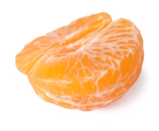 Photo of Half of peeled fresh ripe tangerine isolated on white