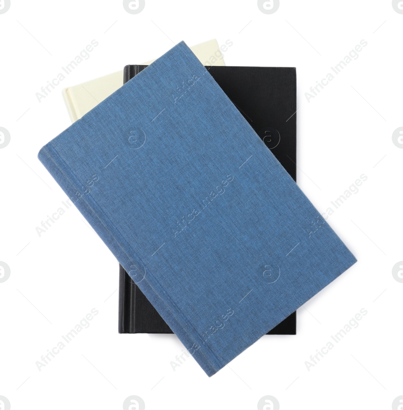 Photo of Stack of hardcover books isolated on white, top view