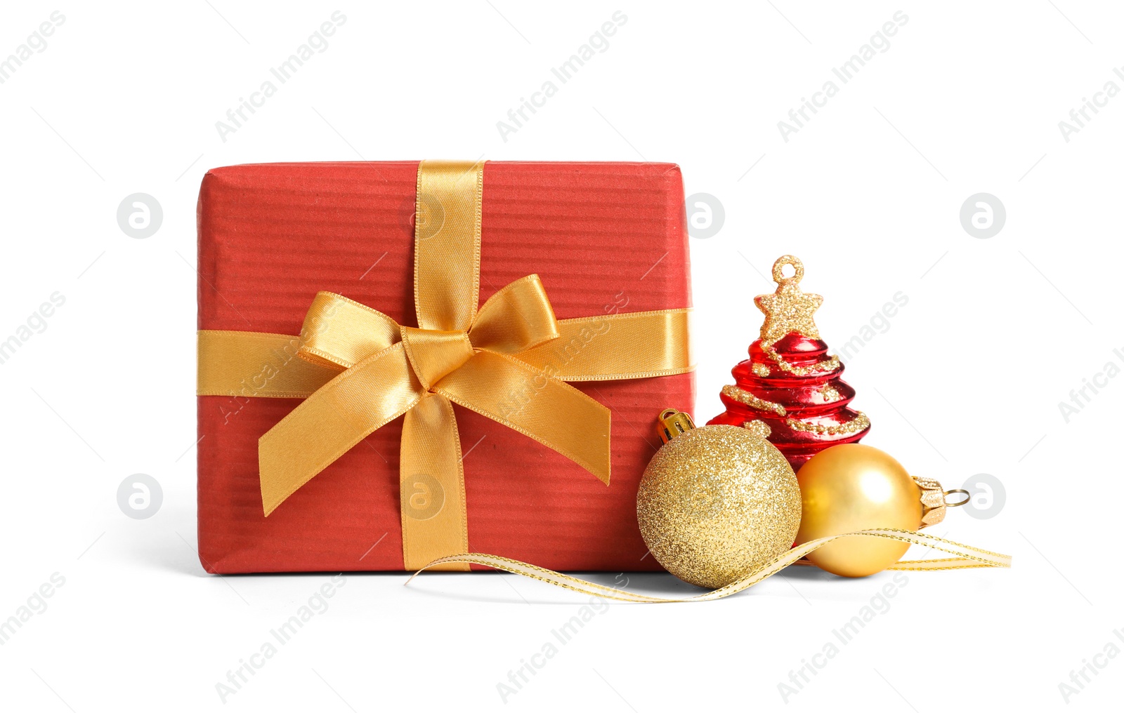 Photo of Beautifully wrapped gift box and decorations on white background