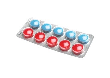 Pills in blister pack on white background