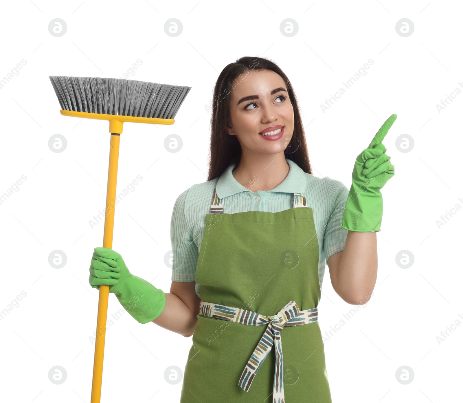 Photo of Beautiful young woman with broom on white background