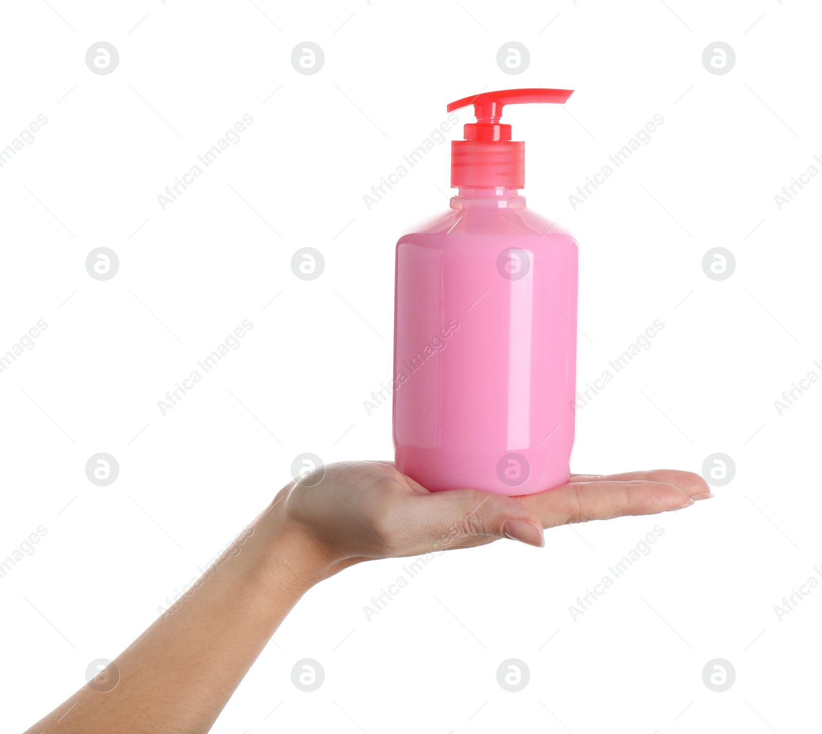 Photo of Woman holding liquid soap dispenser on white background, closeup