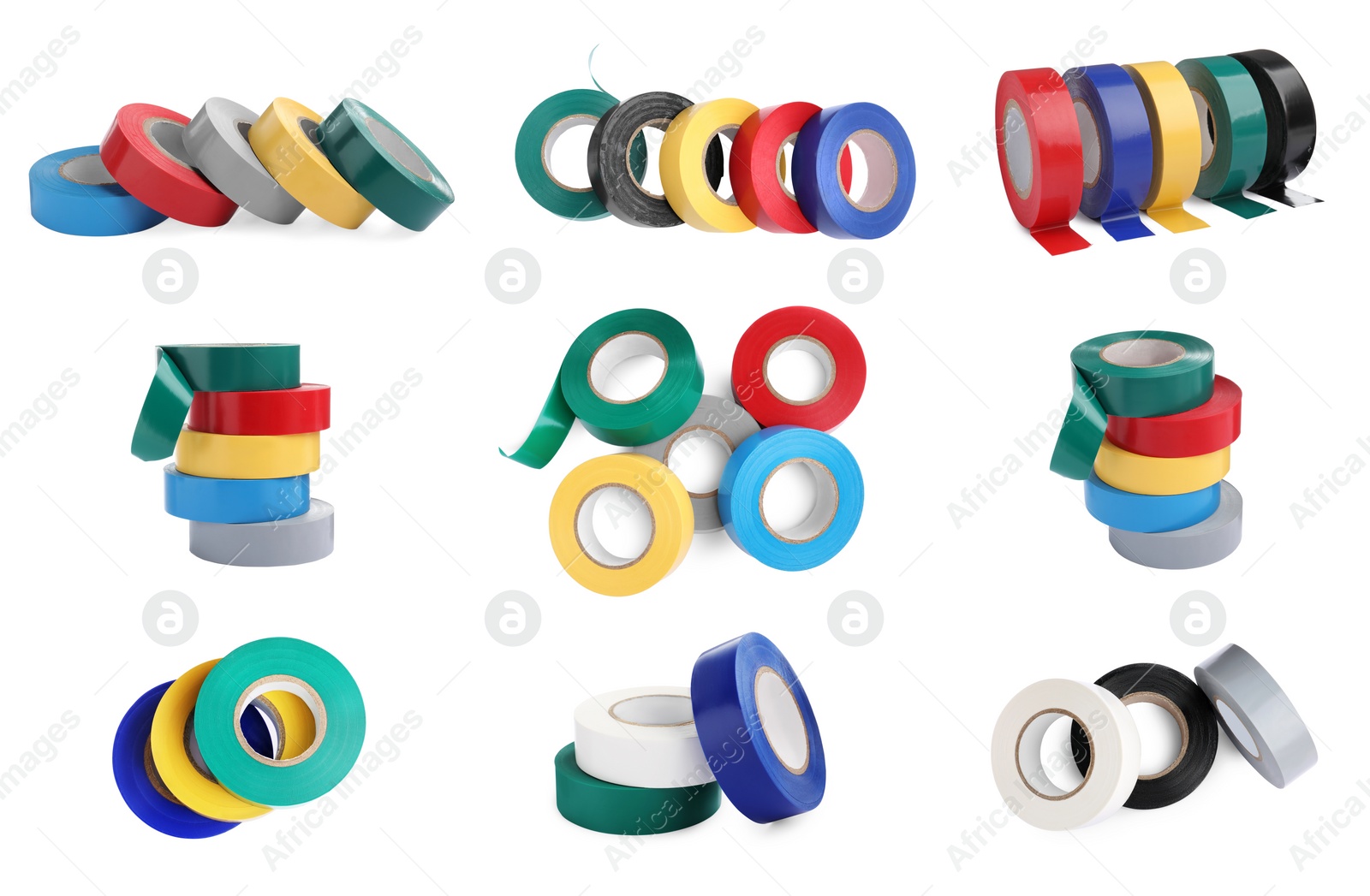 Image of Collage with many colorful insulating tapes on white background