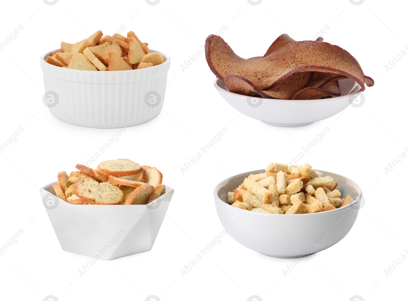 Image of Set with different delicious crispy rusks on white background