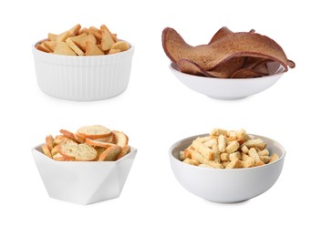 Set with different delicious crispy rusks on white background