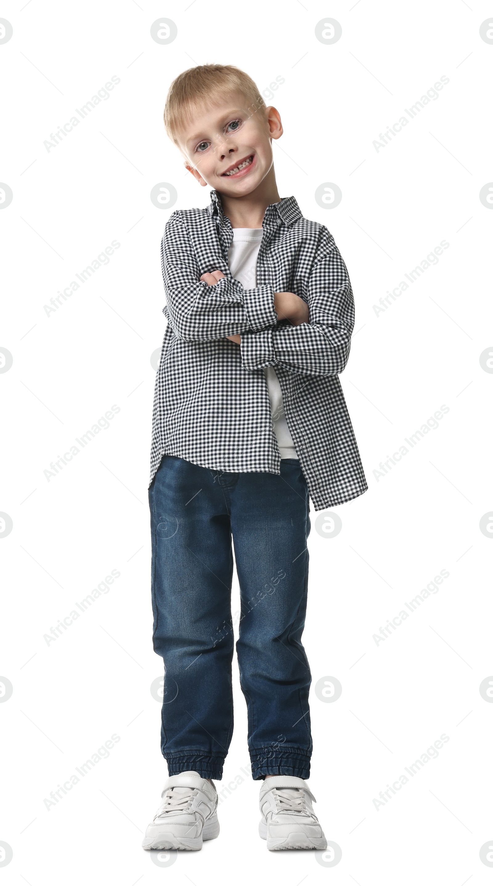 Photo of Happy little boy dancing on white background