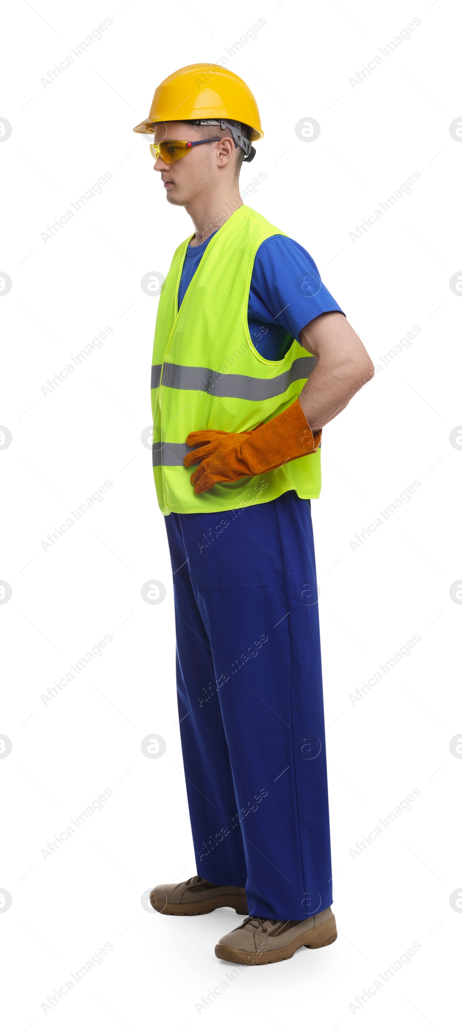 Photo of Young man wearing safety equipment on white background