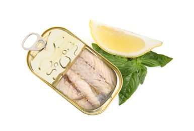 Photo of Open tin can with mackerel fillets, lemon and basil on white background, top view