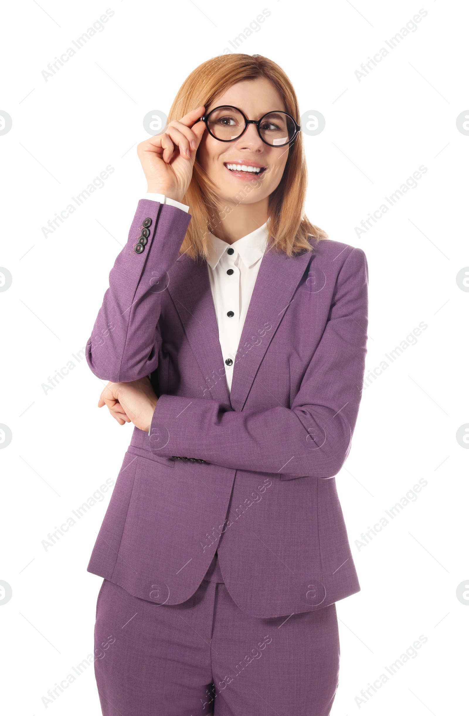 Photo of Portrait of successful businesswoman posing on white background