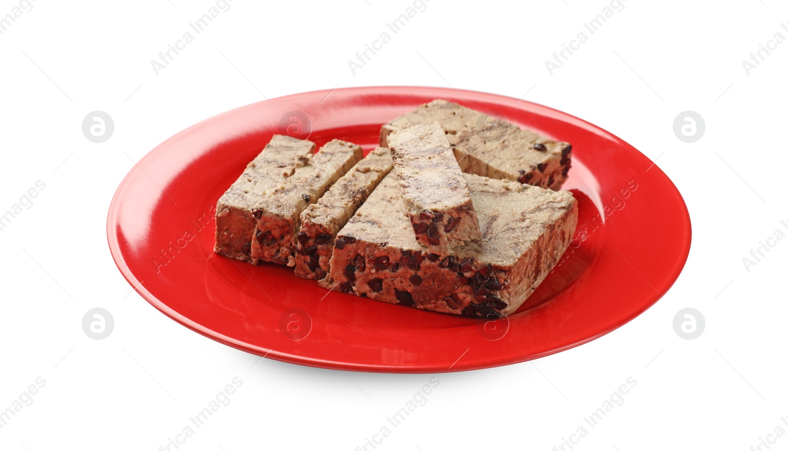 Photo of Pieces of tasty chocolate halva isolated on white