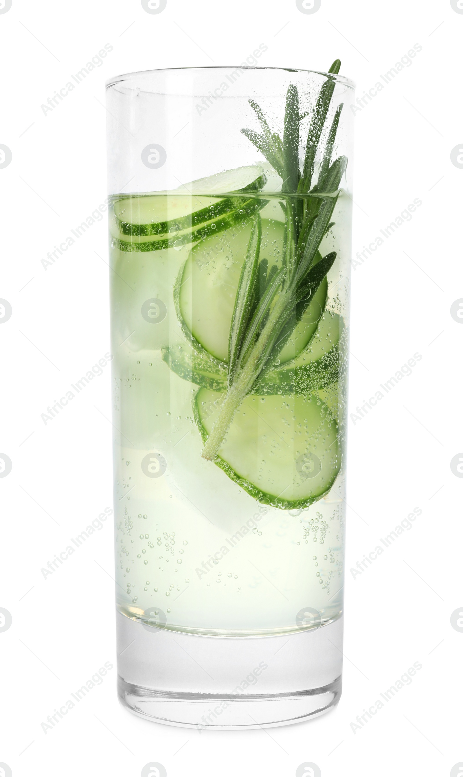 Photo of Glass of refreshing cucumber lemonade and rosemary on white background. Summer drink