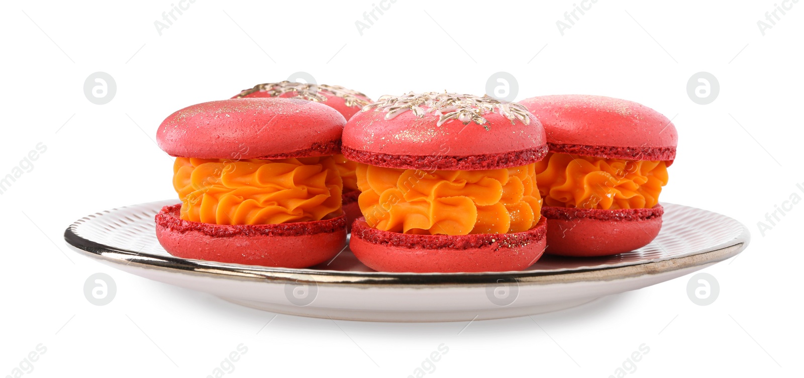 Photo of Beautifully decorated Christmas macarons in plate isolated on white