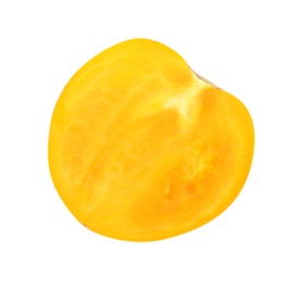 Half of fresh ripe yellow tomato on white background