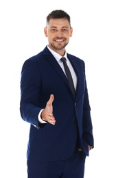 Professional business trainer reaching for handshake on white background