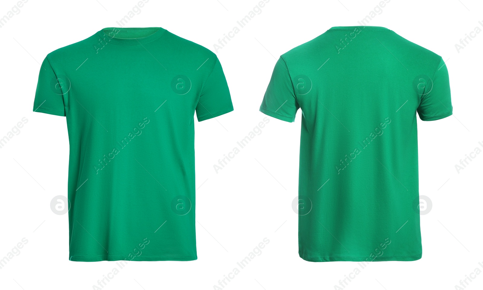 Image of Green t-shirt with space for design isolated on white. Back and front views