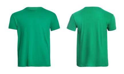 Image of Green t-shirt with space for design isolated on white. Back and front views