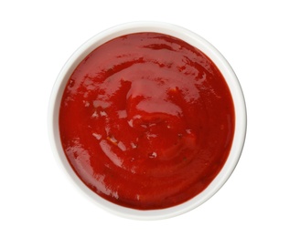 Bowl of spicy chili sauce on white background, top view