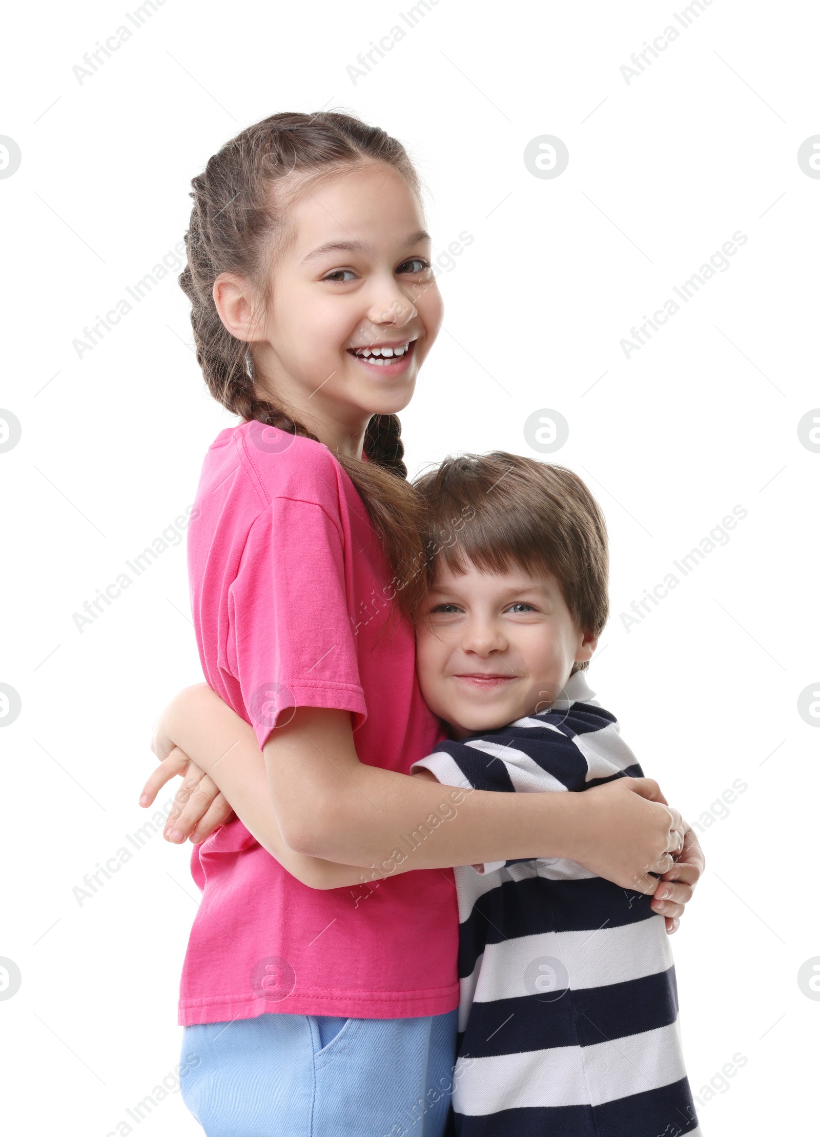 Photo of Happy brother and sister hugging on white background