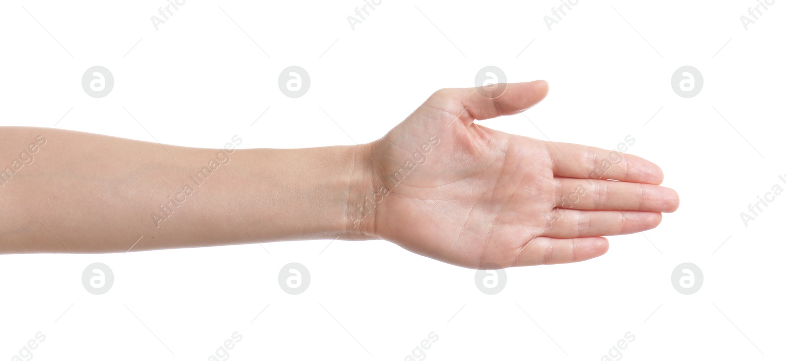 Photo of Woman reaching hand for shake on white background, closeup