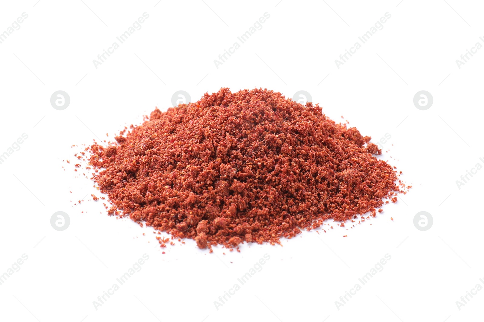 Photo of Heap of dried cranberry powder isolated on white