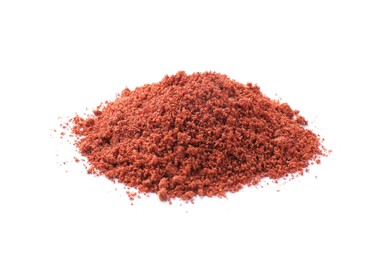 Photo of Heap of dried cranberry powder isolated on white