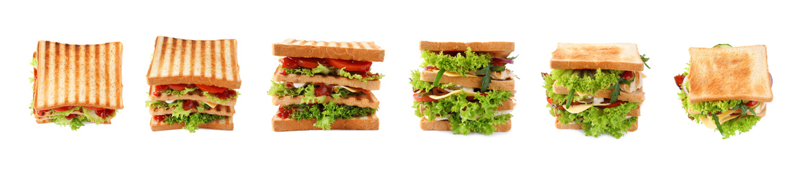 Set of different yummy sandwiches on white background. Banner design 
