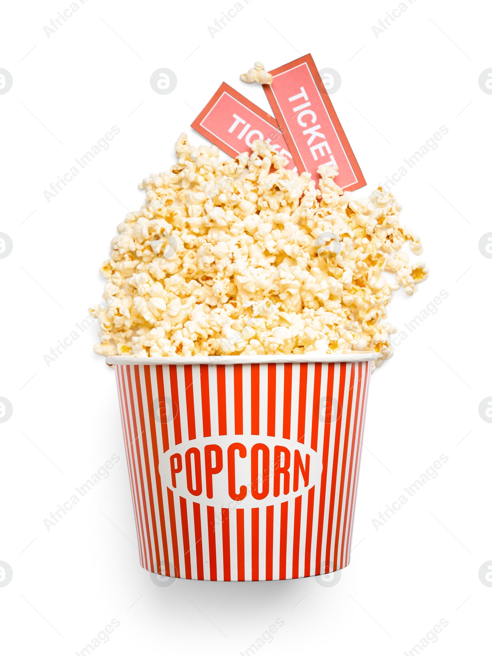 Photo of Bucket of fresh popcorn and tickets on white background, top view. Cinema snack