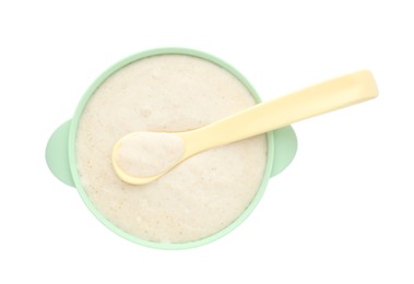 Photo of Healthy baby food in bowl on white background, top view