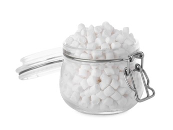 Photo of Jar of sweet puffy marshmallows isolated on white