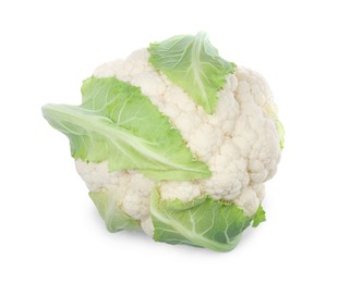 Photo of Fresh raw cauliflower cabbage with leaves isolated on white, above view